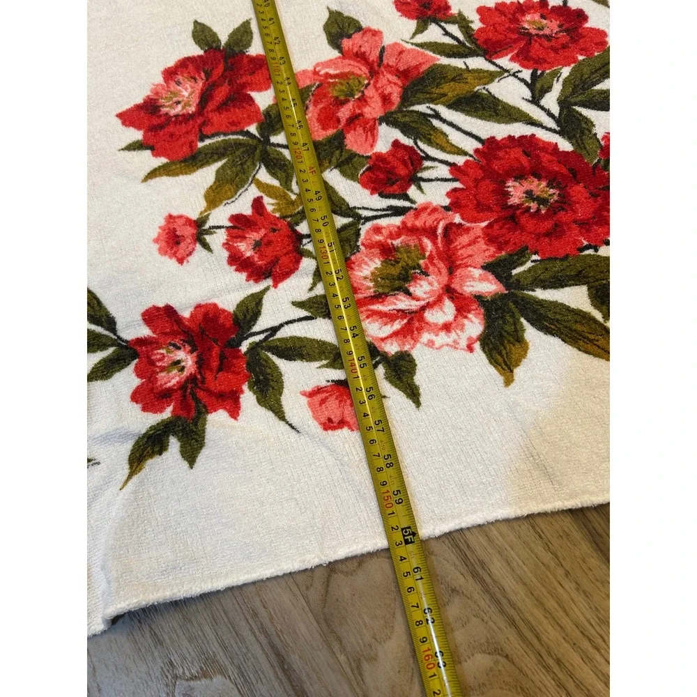 Vintage‎ Floral Terry Cloth Tablecloth Red Pink Peony Botanical Cotton 63x52